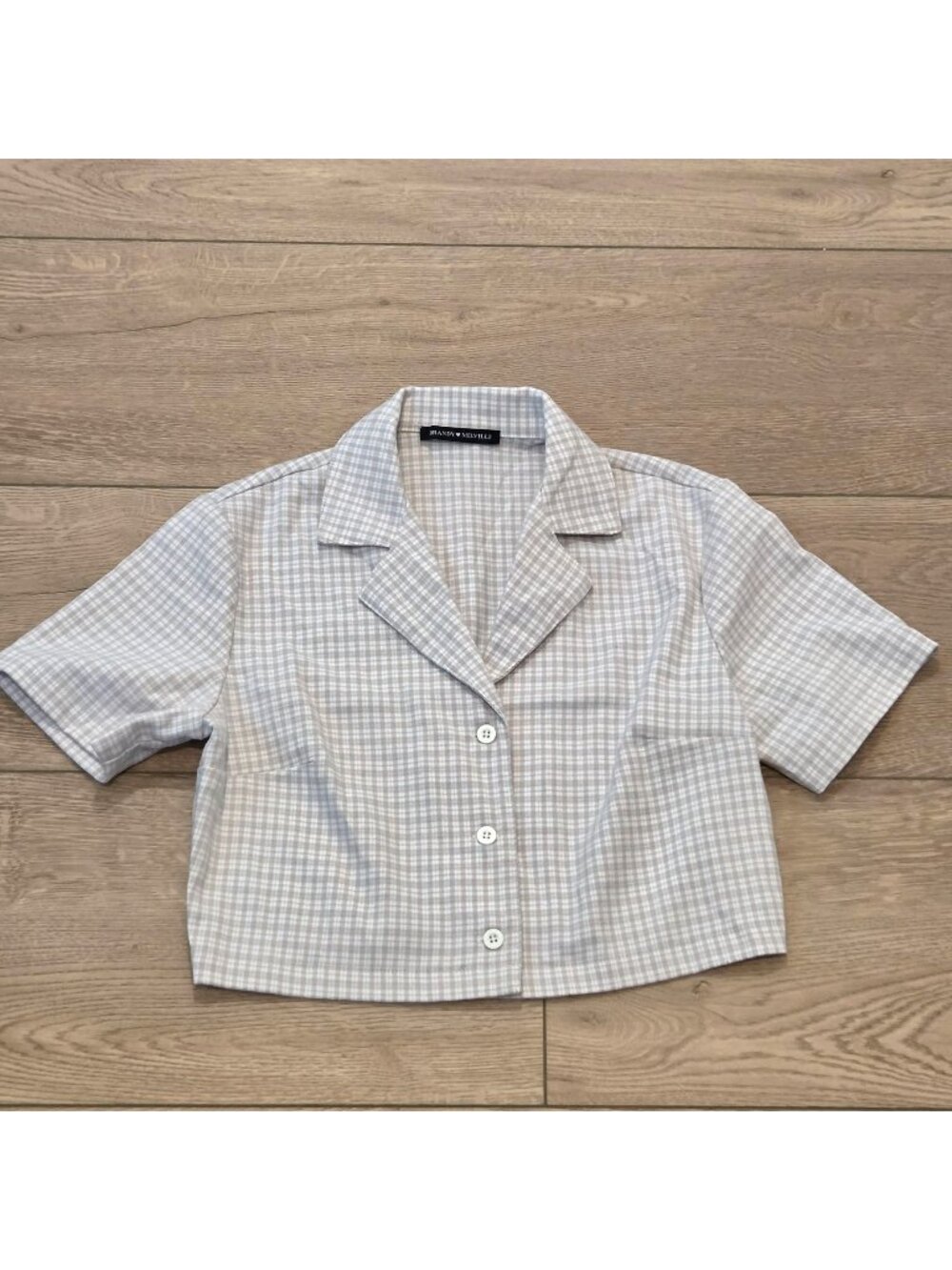 Brandy Melville Light Blue and White Plaid Cropped Button-Up Top